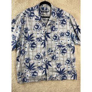 OP Men's Sz L Blue Tan White Floral Tropical Short Sleeve Button Down Shirt